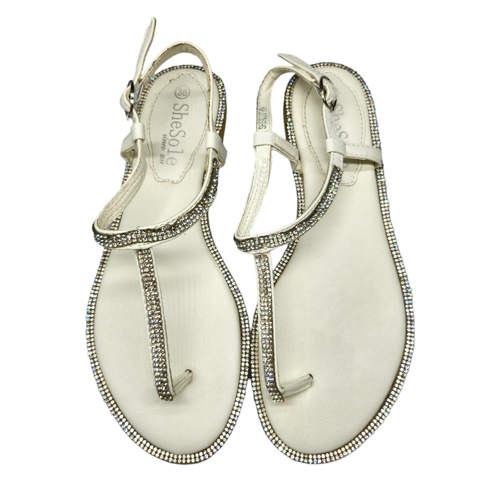 White Sparkly Sandals Rhinestones Embellished Dressy Thong Ankle Strap Womens 36 - Picture 7 of 12